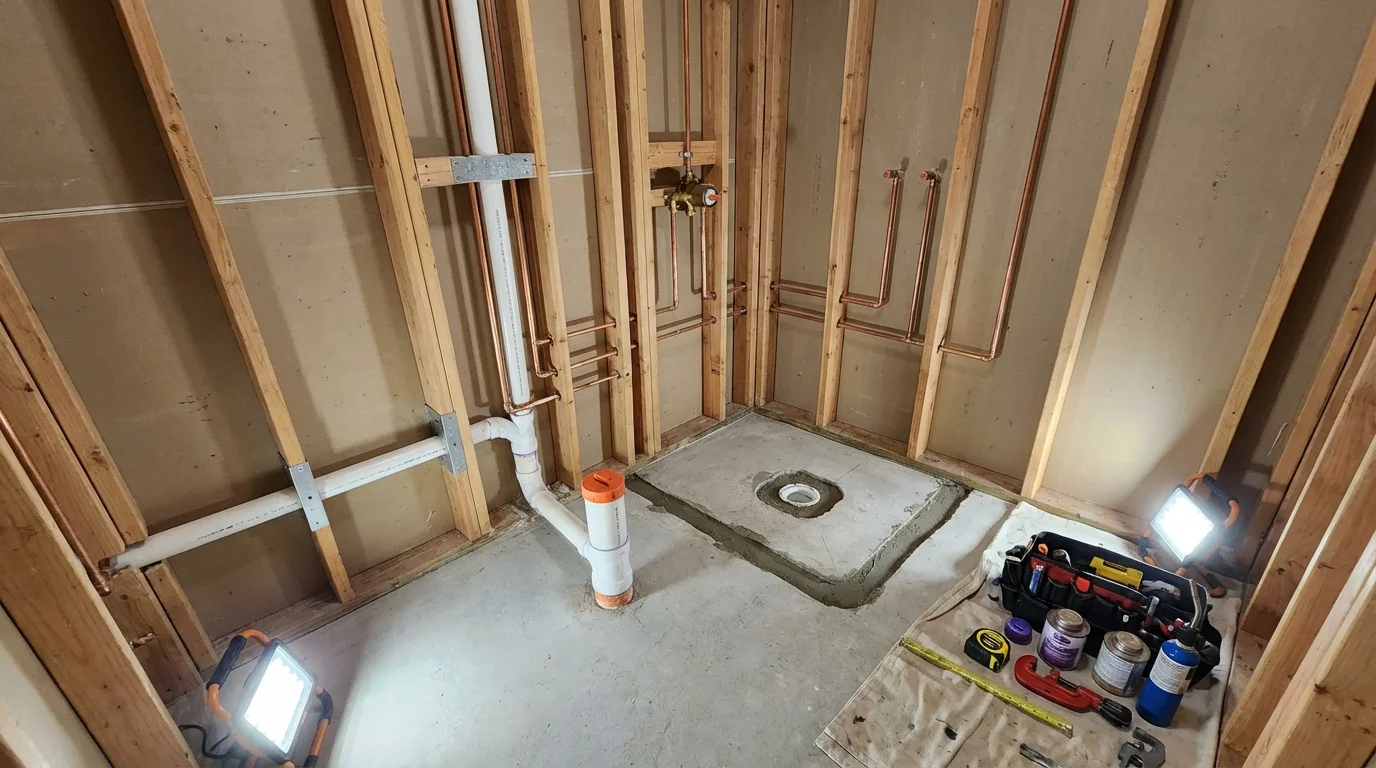 Bathroom rough-in plumbing during remodel by Johns Plumbing LLC in Doniphan