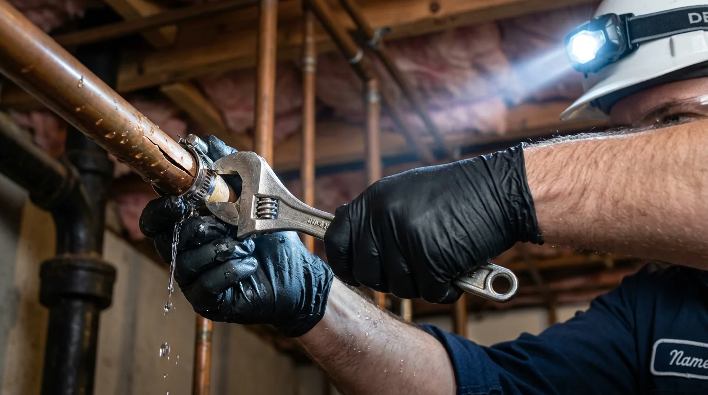Emergency pipe clamp repair being performed by a Johns Plumbing LLC plumber in Doniphan