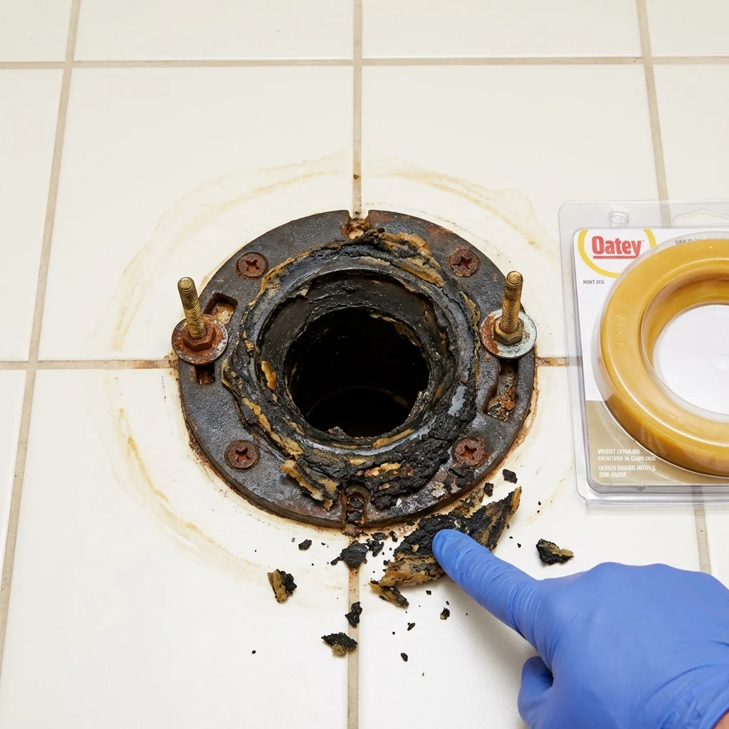 Failed wax ring showing water seepage at the base of a toilet in a Doniphan, MO home