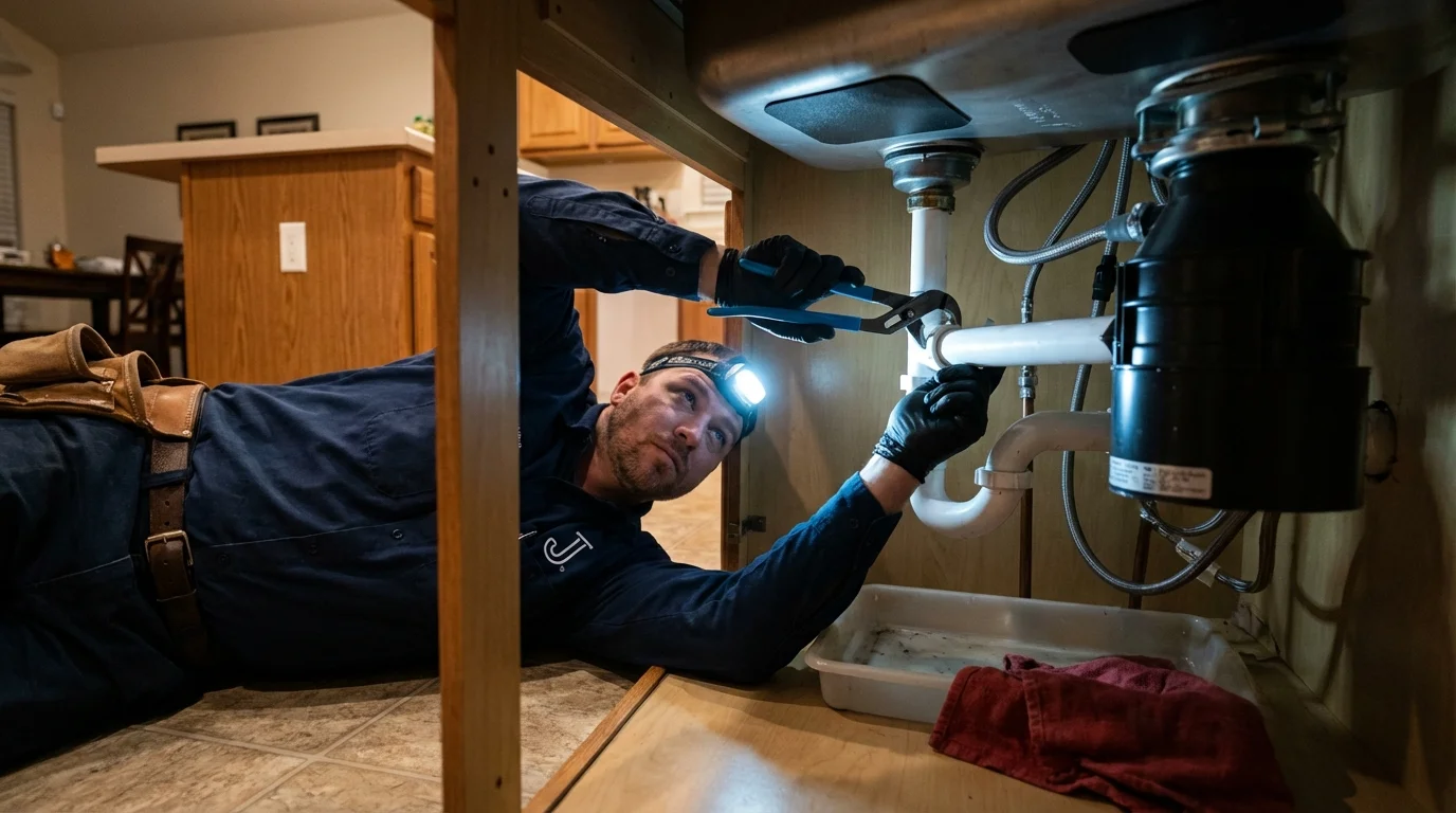 P-trap and supply line connections under a kitchen sink showing a common leak point in Doniphan, MO